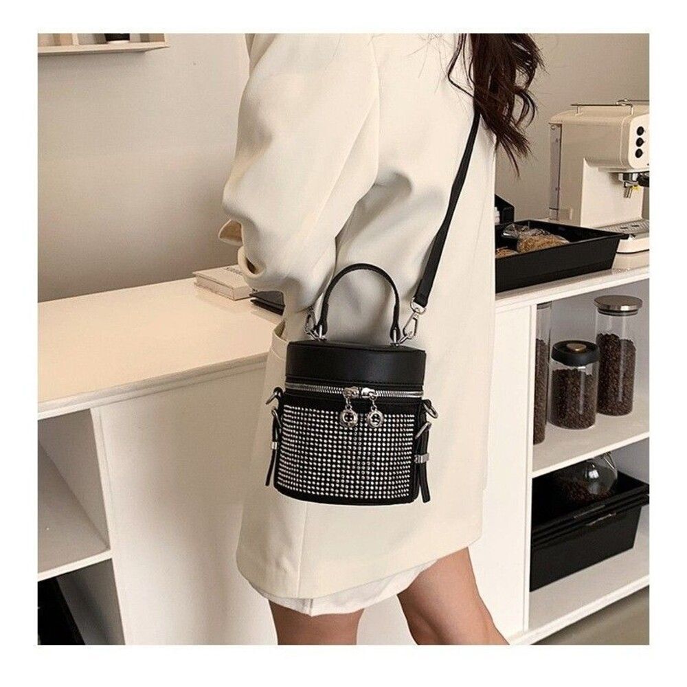 Women's Black Rhinestone Bucket Satchel Crossbody Handbag - Picture 7 of 7